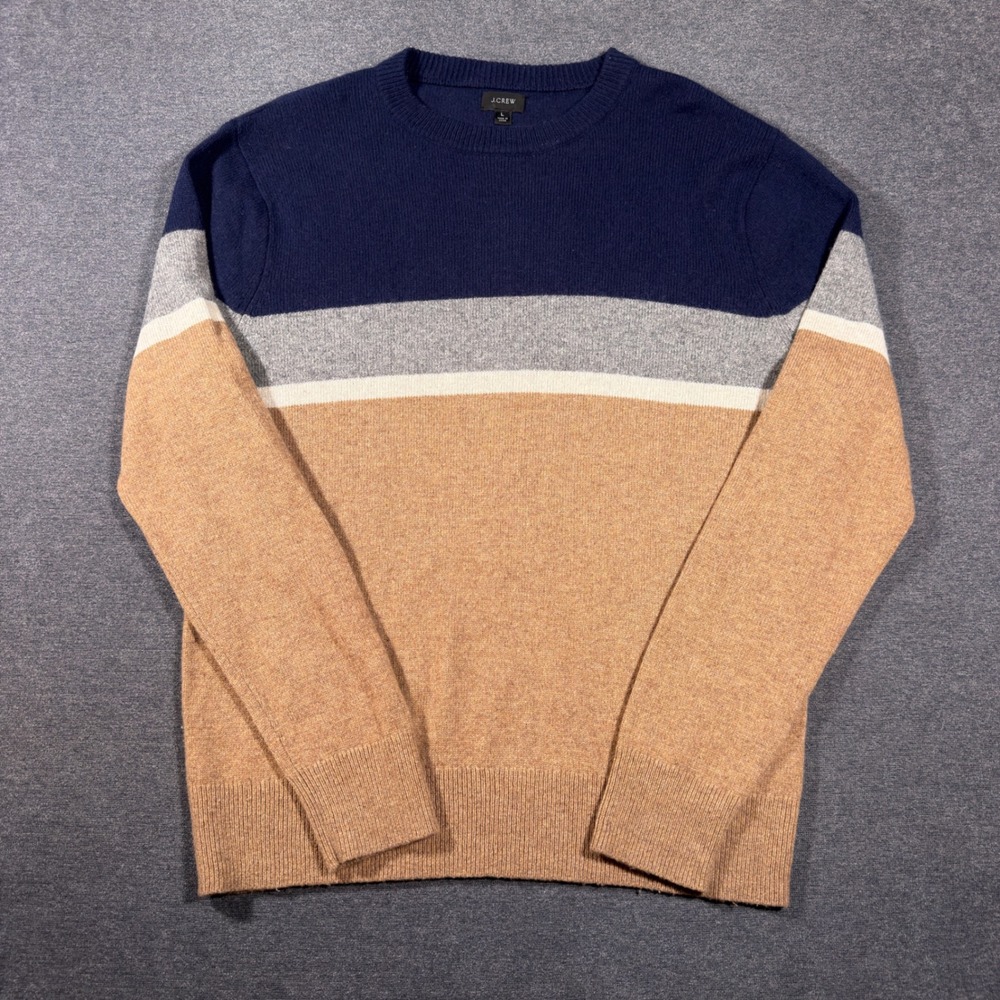 J.Crew Sweater Mens L Blue Brown Colorblock Merino Wool Blend Crewneck Pullover